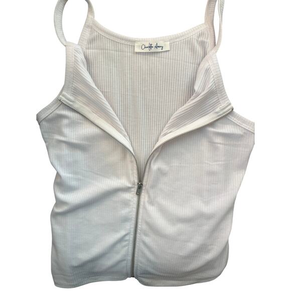 TANK TOP WOMENS WHITE FULL FRONT ZIPPER RIBBED SEXY SUMMER TOP - Picture 8 of 8